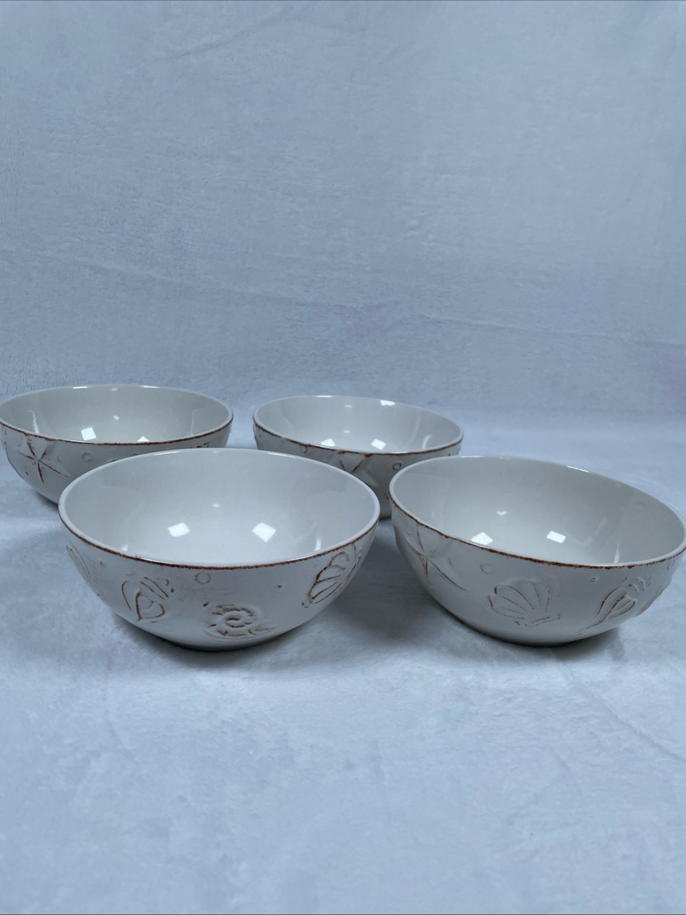 LOT OF 4 Thomson Pottery HAMPTON Bowls 6.25” Embossed Sea Shells Stoneware
